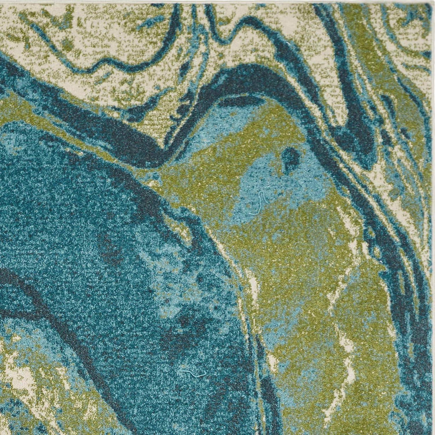 Small Blue Abstract Synthetic Stain-Resistant Rug