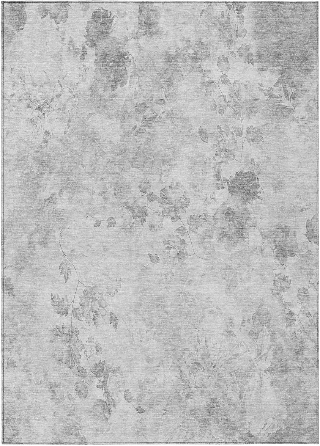 Gray Floral Synthetic Rectangular Washable Area Rug 3' x 5'