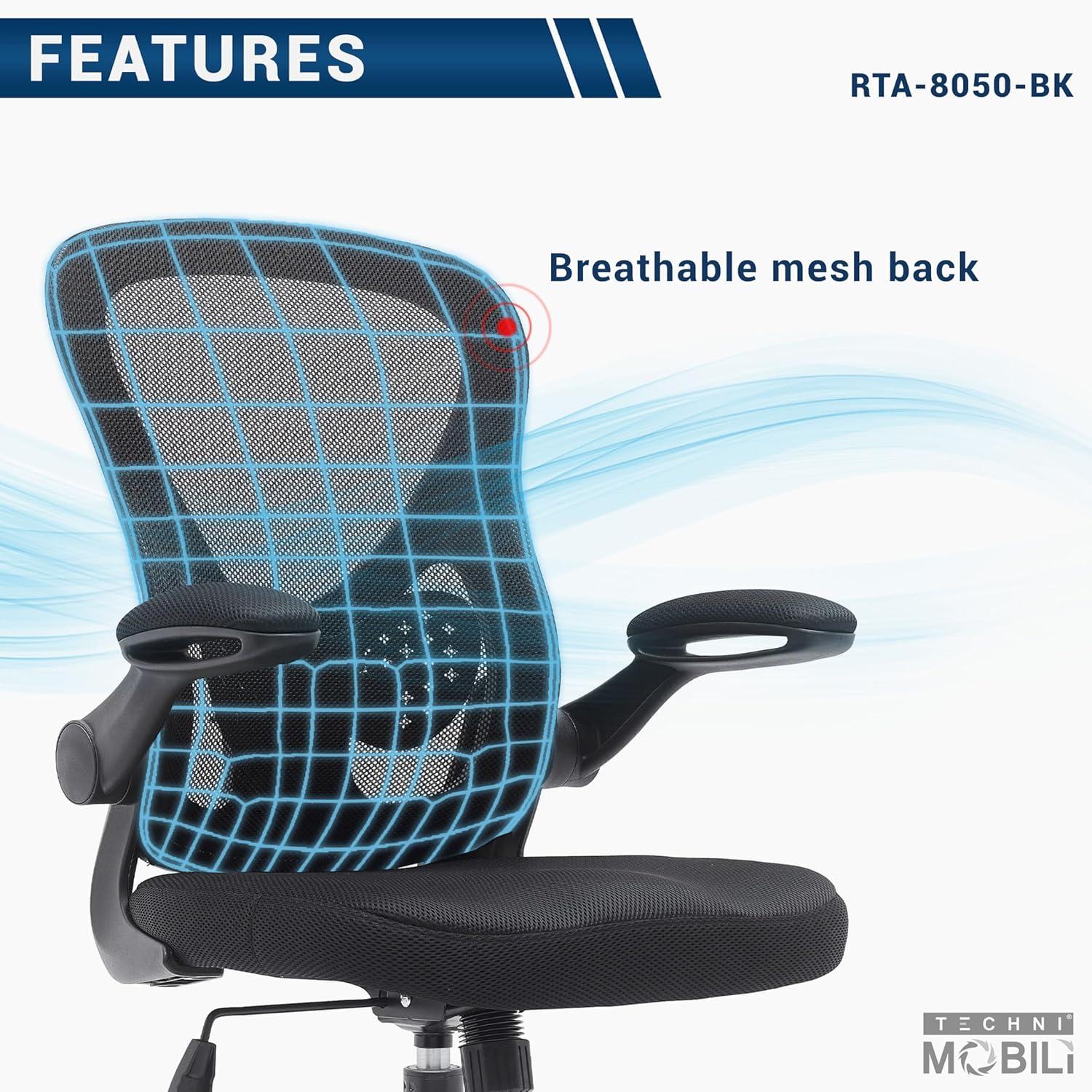 Techni Mobili Mesh Task Office Chair with Flip Up Arms Black - Techni Mobili: Ergonomic, Adjustable, Swivel, Nylon Frame