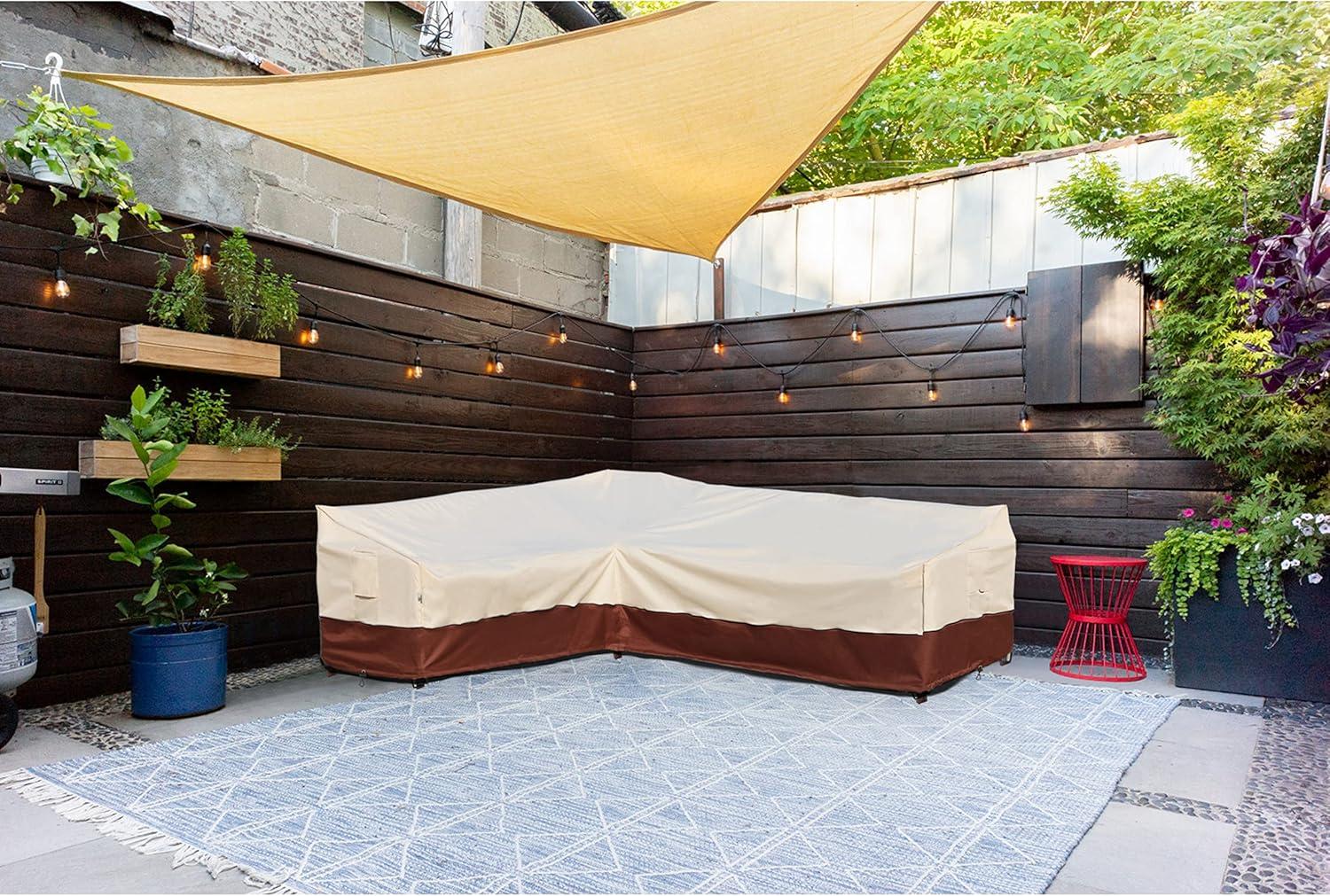 Outdoor Sectional Cover-V-Shaped Garden Patio Furniture Covers Waterproof Rip-Stop Anti-UV 600D Heavy Duty Outdoor Couch Cover with 3 Air Vents Sofa Cover 85''L 33.5''D 31''H,Beige & Reddish Brown