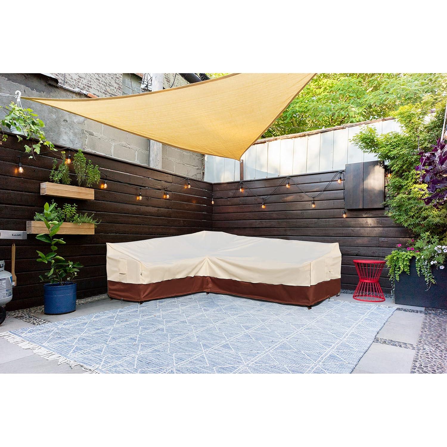 Outdoor Sectional Cover-V-Shaped Garden Patio Furniture Covers Waterproof Rip-Stop Anti-UV 600D Heavy Duty Outdoor Couch Cover with 3 Air Vents Sofa Cover 85''L 33.5''D 31''H,Beige & Reddish Brown