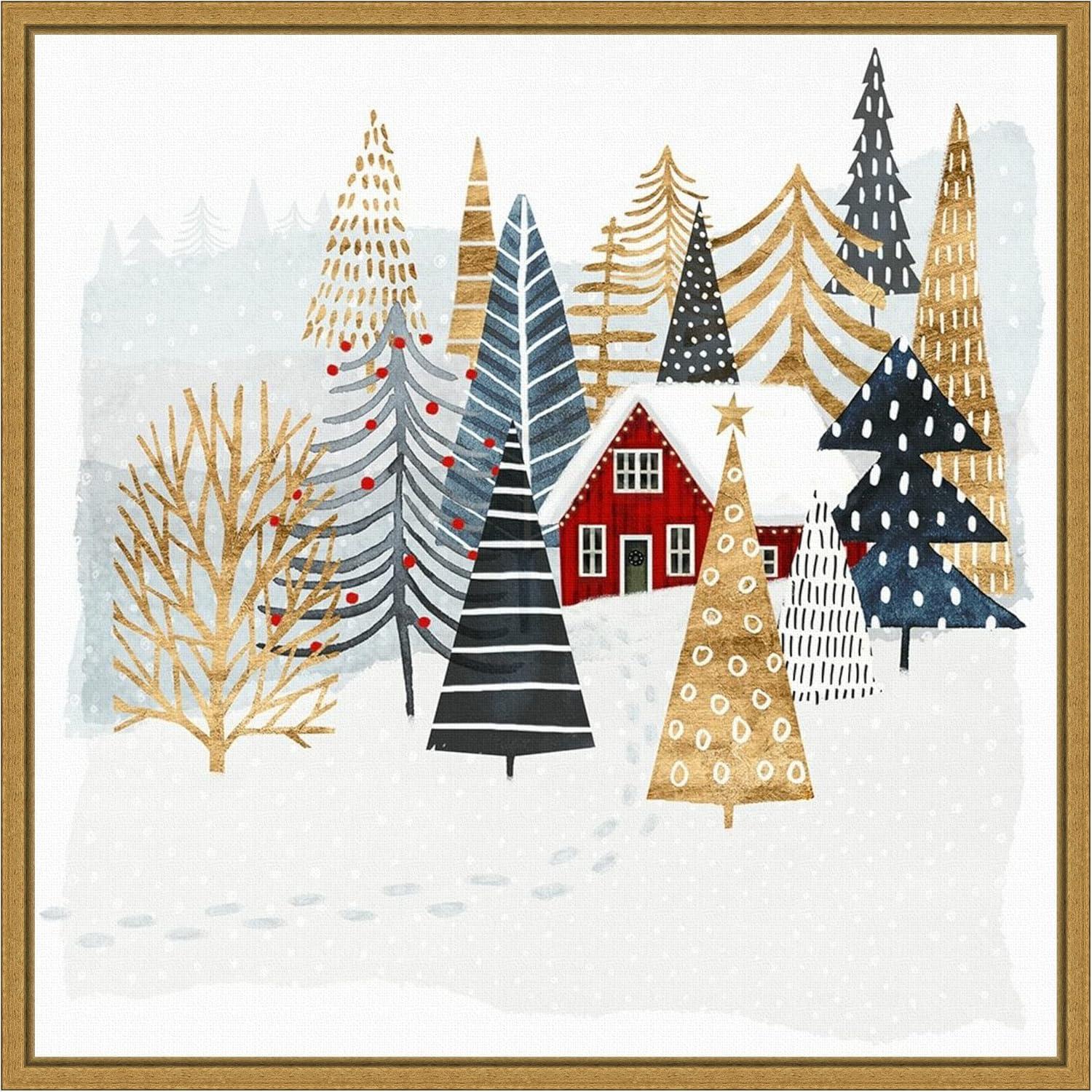 Christmas Chalet Red Cabin Canvas Print with Gold Frame