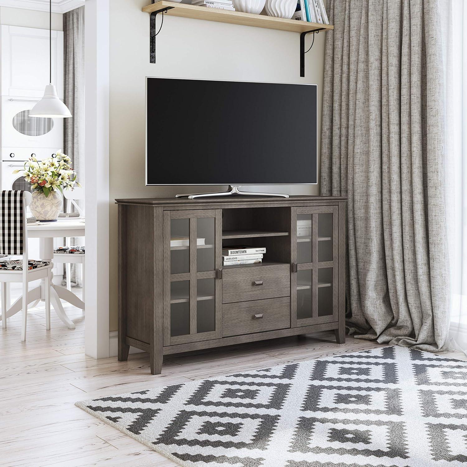 Farmhouse Grey Tall TV Media Stand with Tempered Glass Top