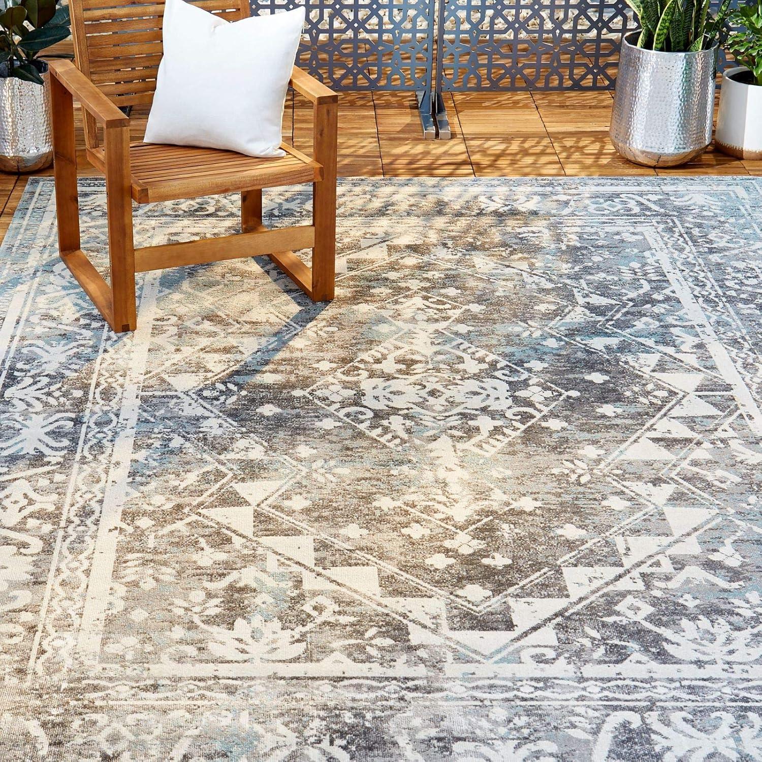 Nicole Miller New York Patio Sofia Ivy Distressed Indoor/Outdoor Area Rug, Navy Blue/Ivory