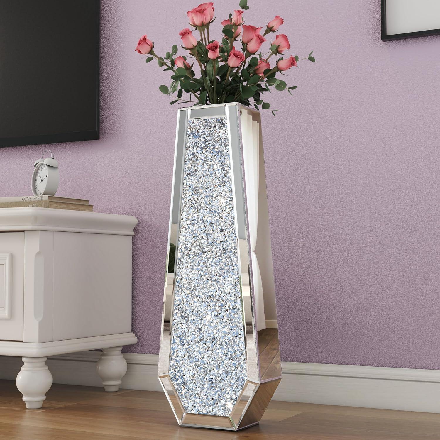 30" Tall Silver Glass Floor Vase with Crushed Diamond Mirror