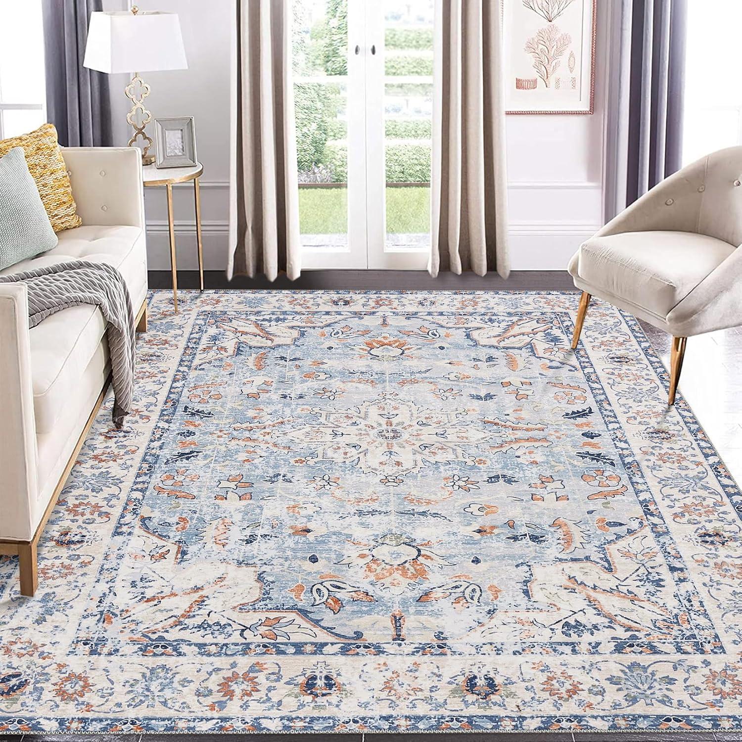 9x12 Area Rug Vintage Medallion Distressed Rug Machine Washable Area Rugs for Living Room Non-Slip Stain Resistant Accent Rug, Blue