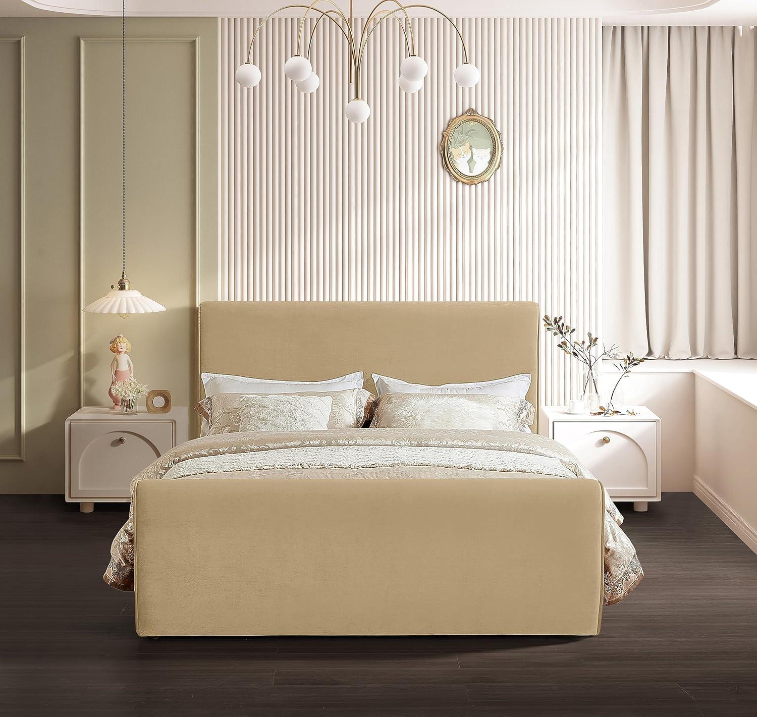 Camel Velvet Upholstered Queen Bed with Curved Headboard
