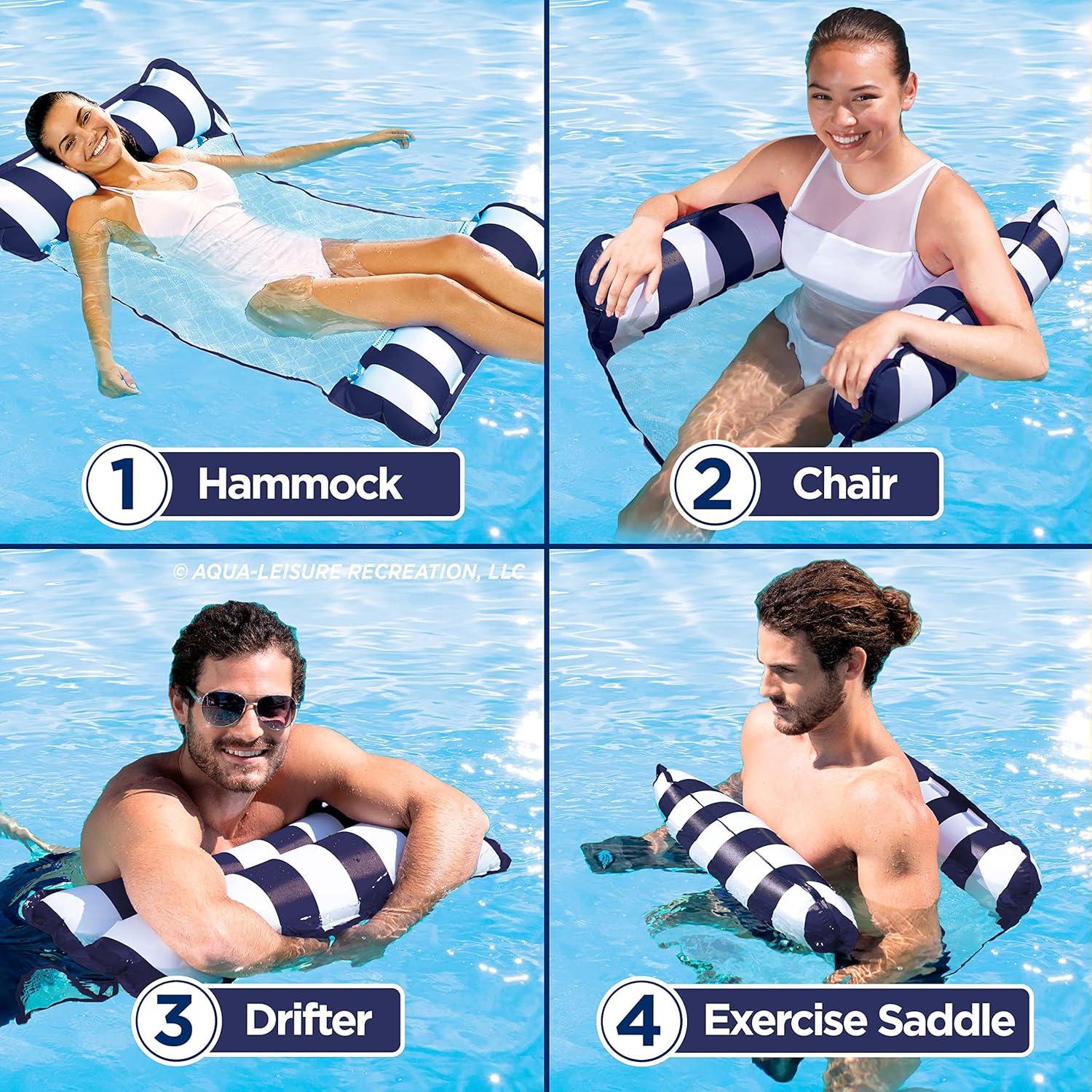 Aqua-Leisure 4 in 1 Inflatable Monterey Hammock Pool Float Chair, Navy Striped