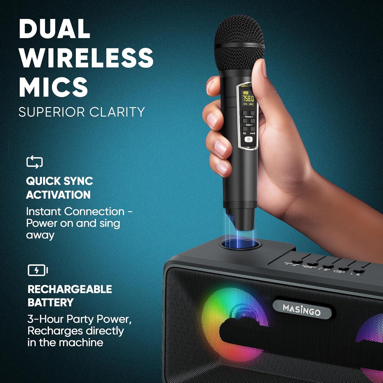 MASINGO Karaoke Machine for Adults and Kids with 2 Wireless Microphones, Portable Bluetooth Singing Speaker, Colorful LED Lights, PA System, Lyrics Display Holder & TV Cable - Presto G2 (Black)