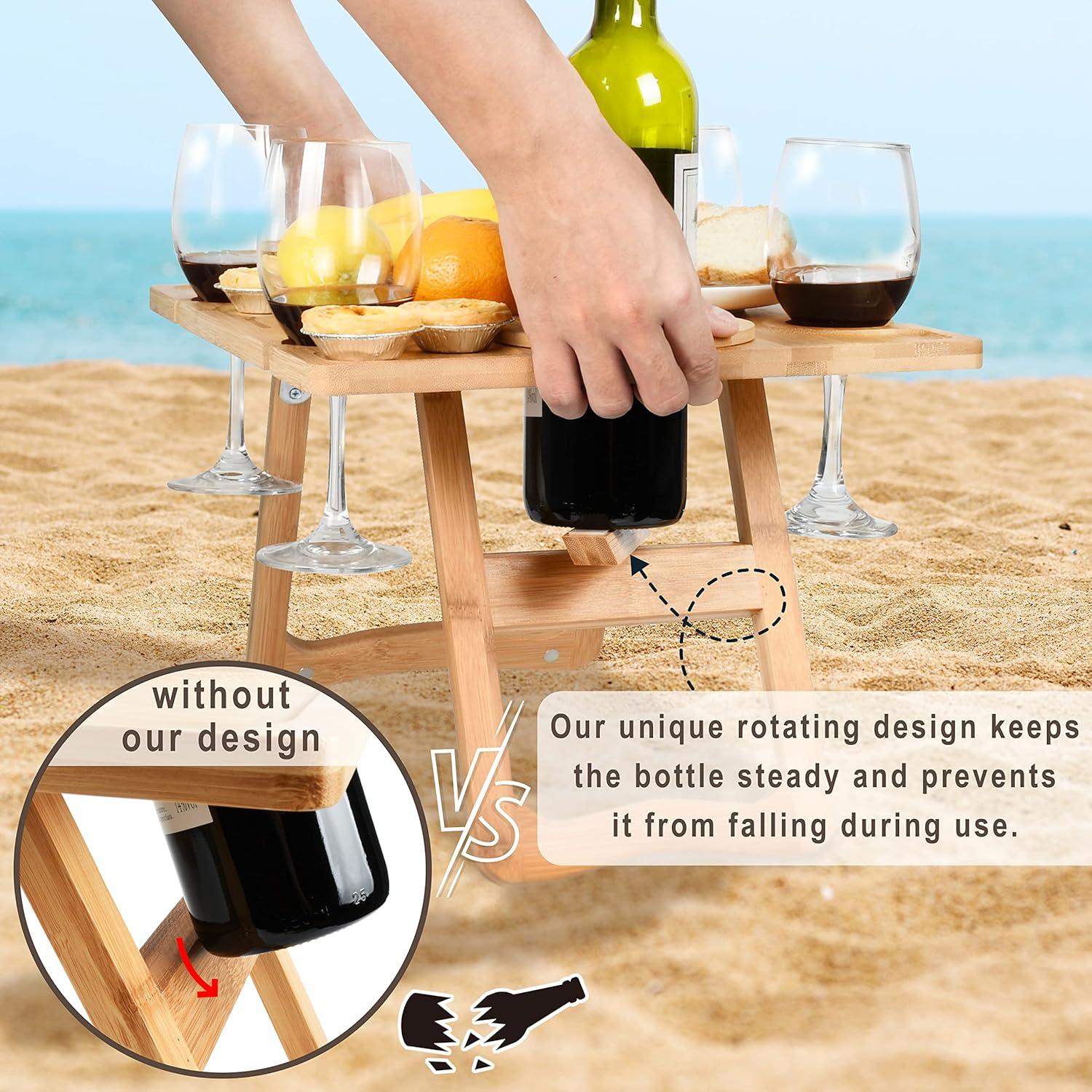 Tirrinia Bamboo Wine Picnic Table, Ideal Wine Lover Gift, Large Folding Portable Outdoor Snack & Cheese Tray for Concerts at Park, Beach