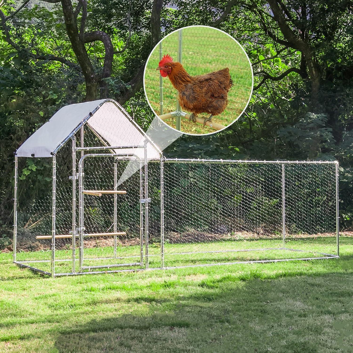 Large Metal Chicken Coop Run, Outdoor Walk-in Poultry Cage with Spire Roof, for Hen House, Duck Coop and Rabbit Run, Silver (9.8' L x 3.28' W x 4.92' H)
