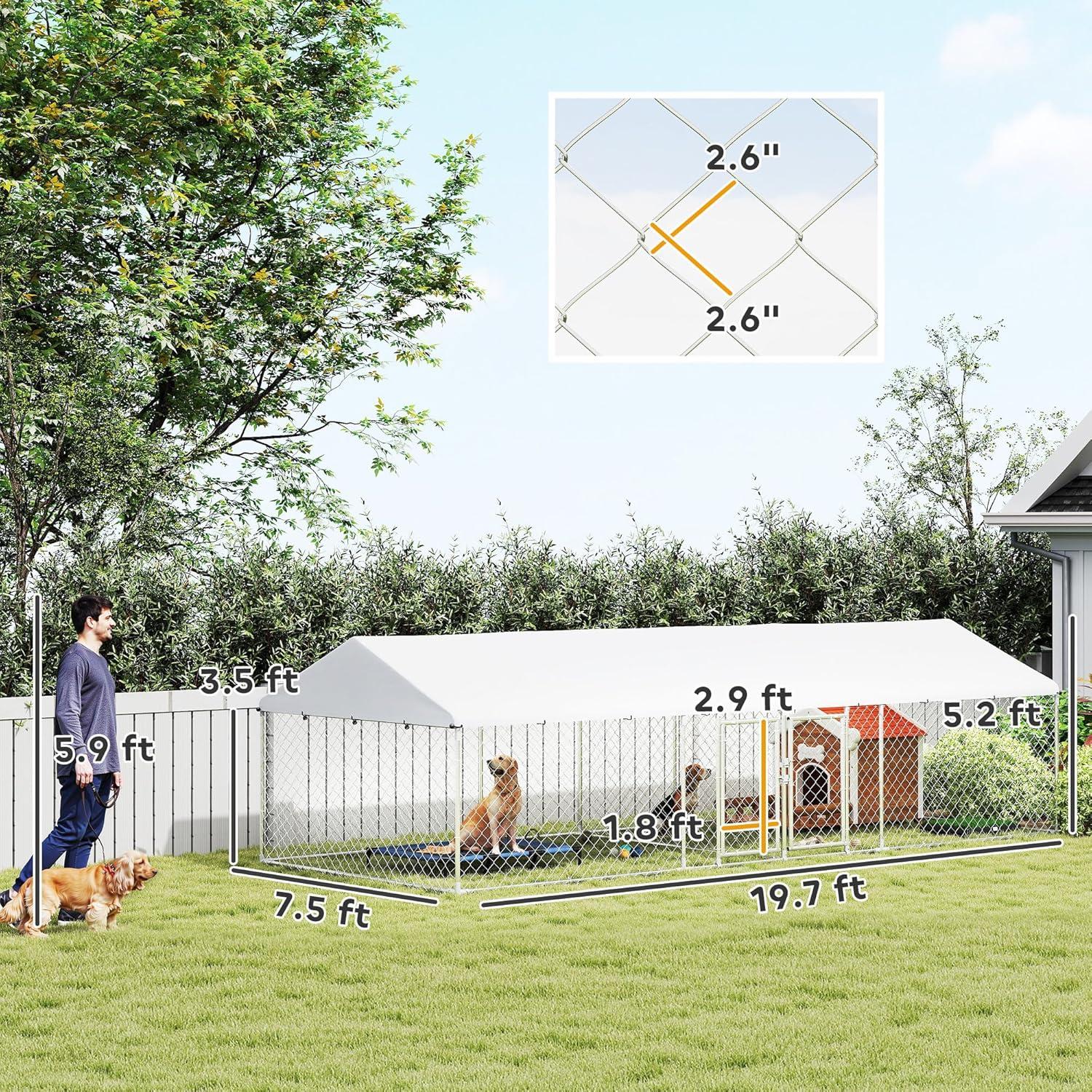 Pawhut Two Room Outdoor Dog Kennel with Roof, 19.7' x 7.5' x 5.2' Dog Kennel Outside Heavy Duty Pet Enclosure Run Fence with Waterproof UV-Resistant Cover, Secure Lock, for Small to Large Breeds