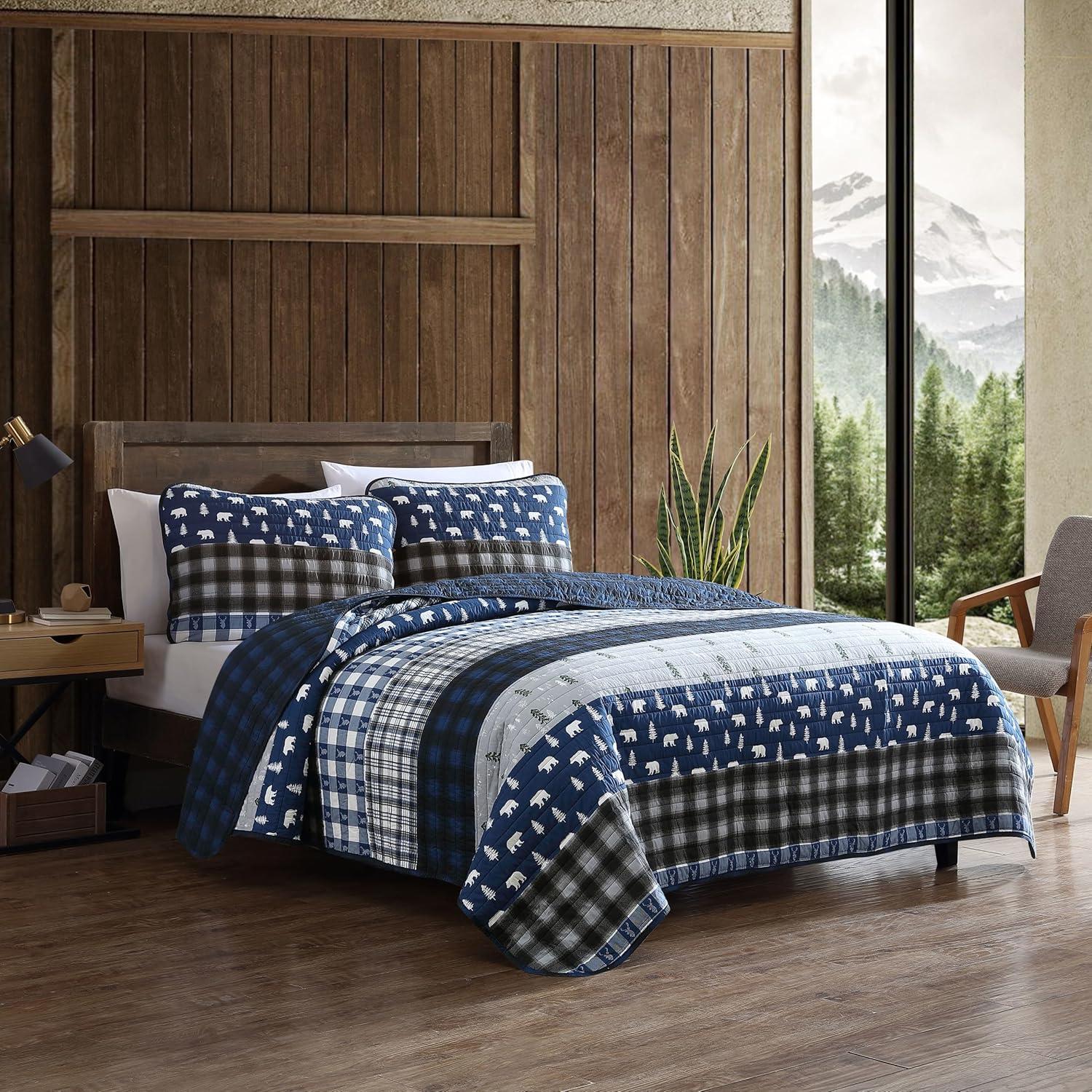 Creek Plaid Reversible Quilt Set Blue - Eddie Bauer