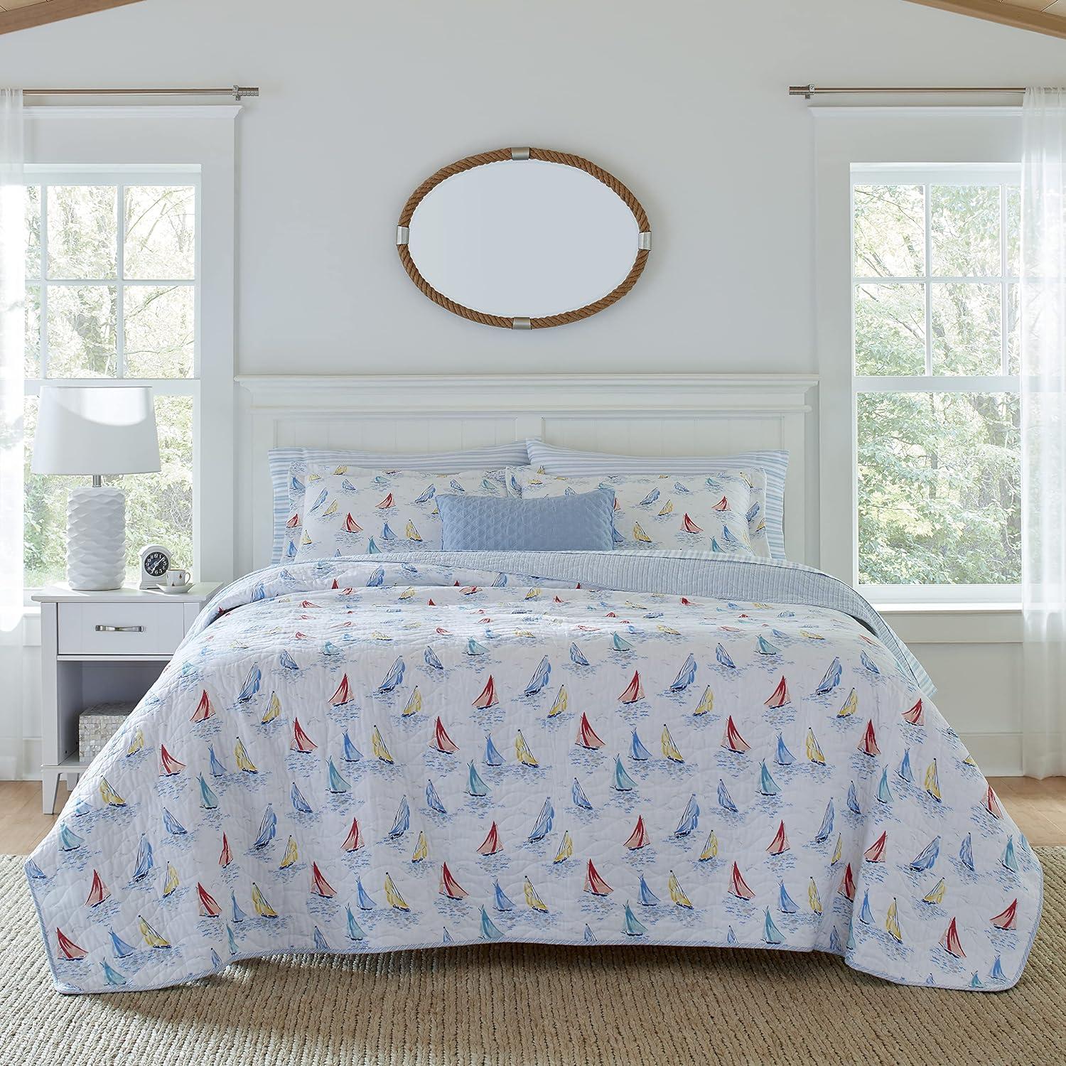 Ahoy Blue Cotton Reversible King Quilt Set