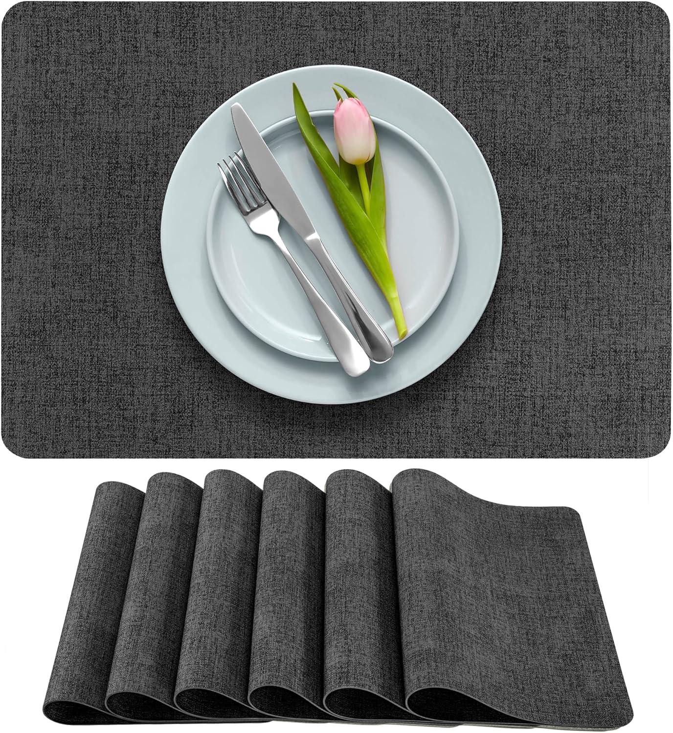 More Décor Faux Leather Placemats for Dining and Kitchen Table - Stain and Heat Resistant, Non Slip, Wipeable, Washable - Set of 6 - Dark Grey