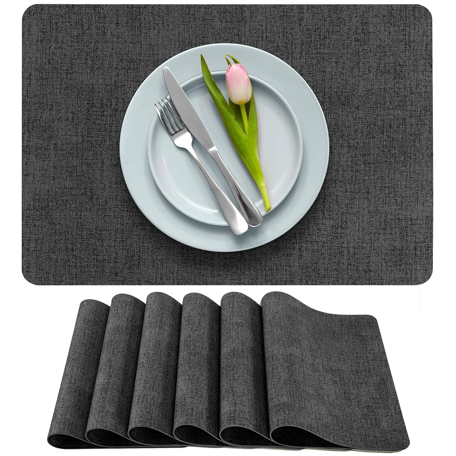 More Décor Faux Leather Placemats for Dining and Kitchen Table - Stain and Heat Resistant, Non Slip, Wipeable, Washable - Set of 6 - Dark Grey