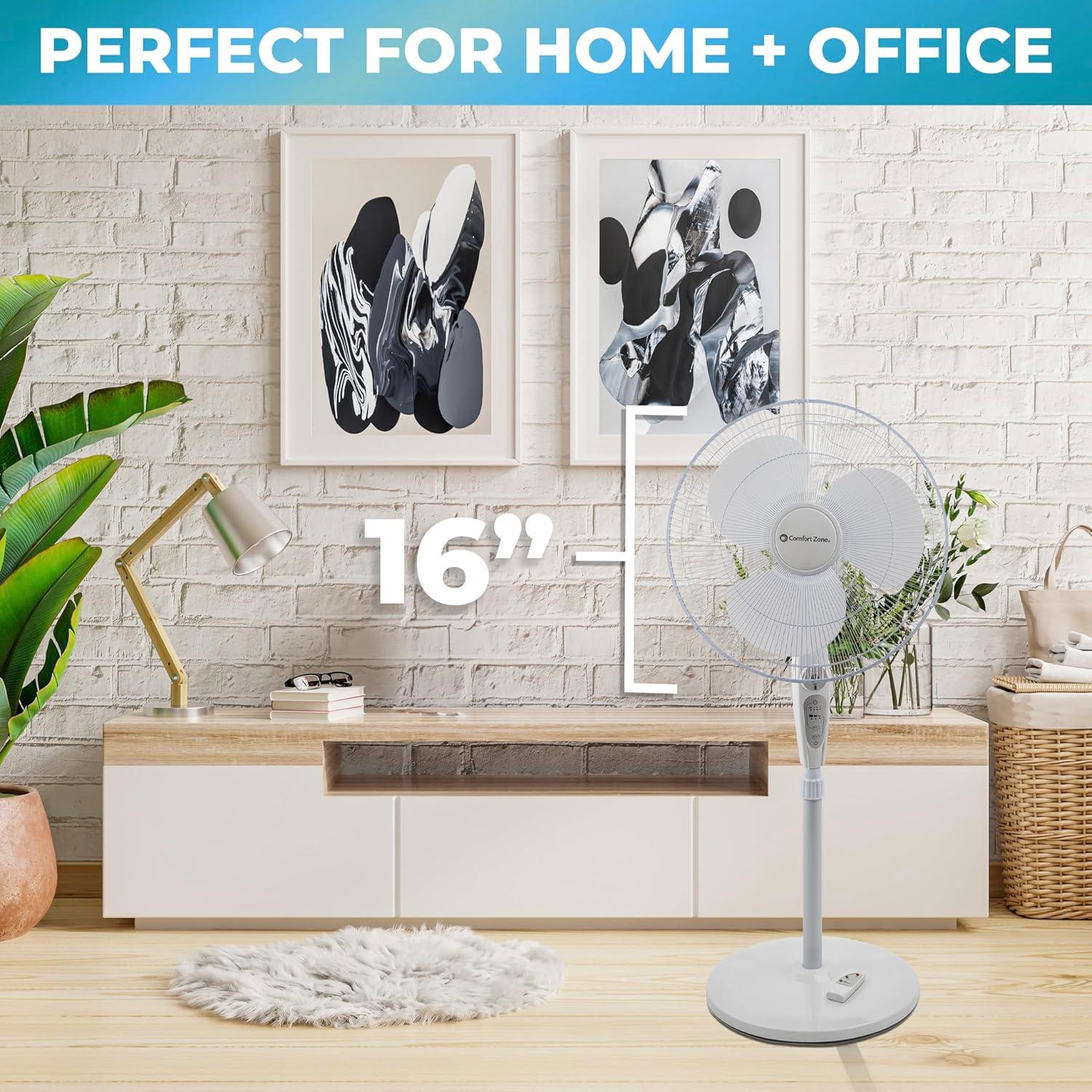 Comfort Zone 18" Oscillating Pedestal Fan with Remote Control, Stand Fan, 3 Speed, Adjustable Height & Tilt, & Timer, Auto Shutoff, Ideal for Home, Bedroom & Office, Airflow 17 ft/sec, CZST181RWT