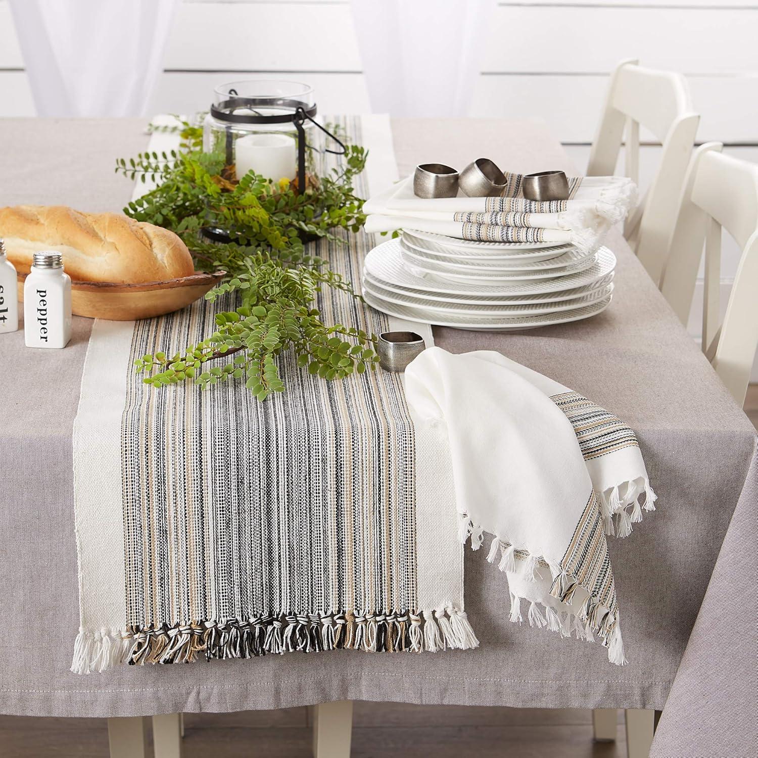 Design Imports  Black Striped Fringe Ribbed Table Runner 14X72