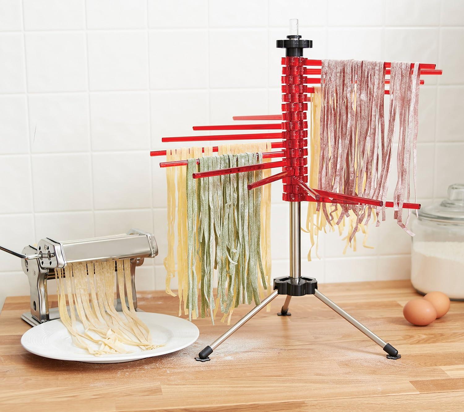 Red Collapsible Pasta Drying Rack with Rotating Arms