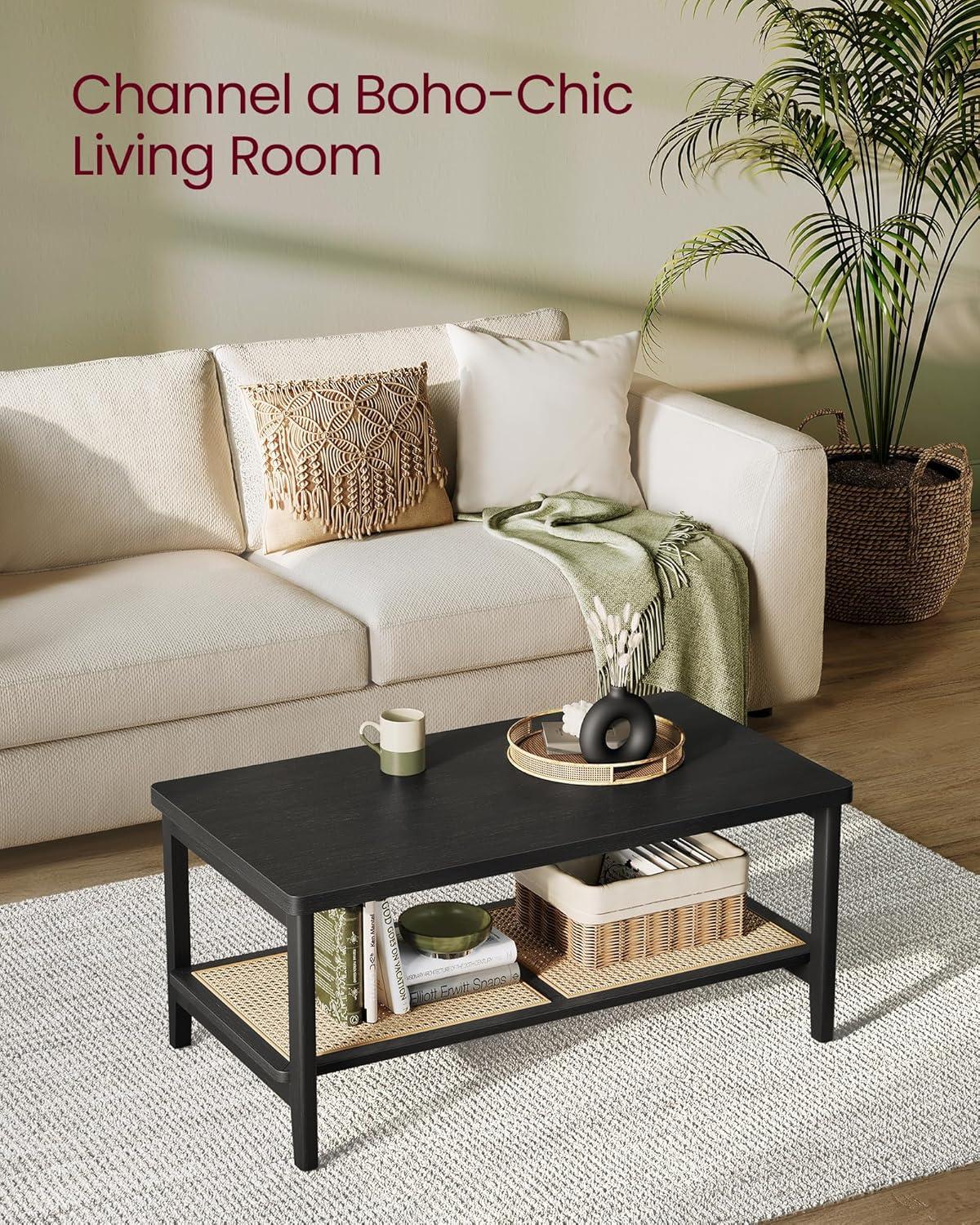 VASAGLE 2-Tier Coffee Table for Living Room, Living Room Table Rectangular Center Table, with PVC Rattan Storage Shelf, Rounded Corners, Easy Assembly, Boho Style, Ash Black ULCT240B21