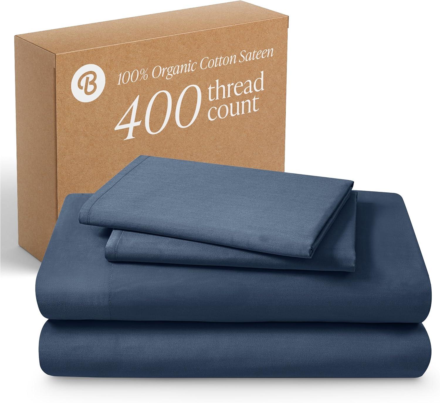 400 Thread Count Organic Cotton Sateen Bering Sea 3 Piece Twin XL Bed Sheet Set by Bare Home