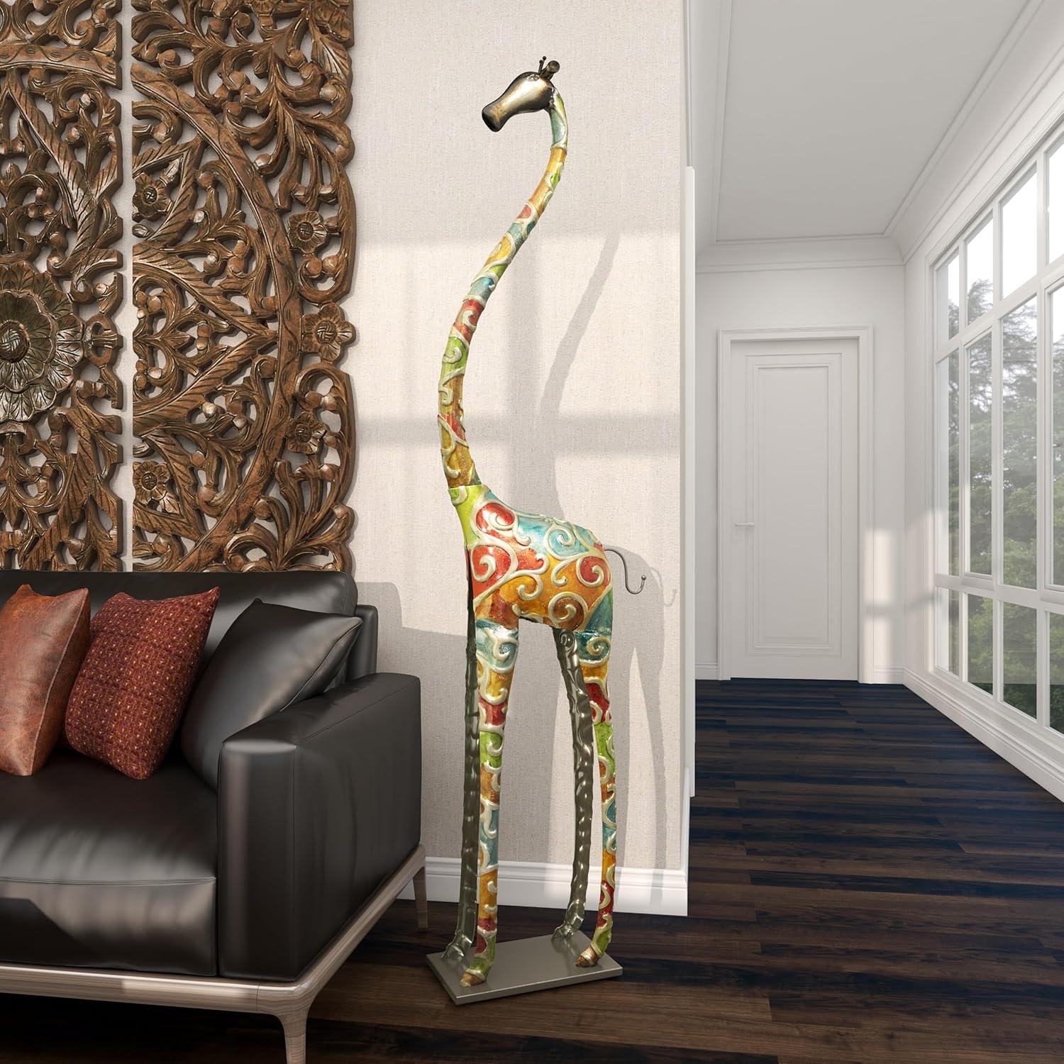 DecMode Extra Large and Colorful Floor Giraffe Sculpture, Molded from Iron with Grey Metal Finish, 17"W x 3"L x 73"H