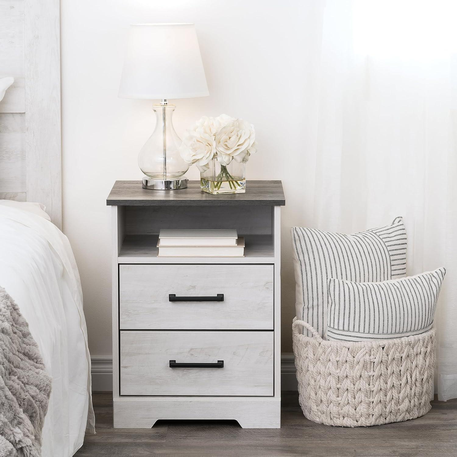 Prepac Rustic Ridge Farmhouse Nightstand with 2 Drawers and Open Cubby Washed White