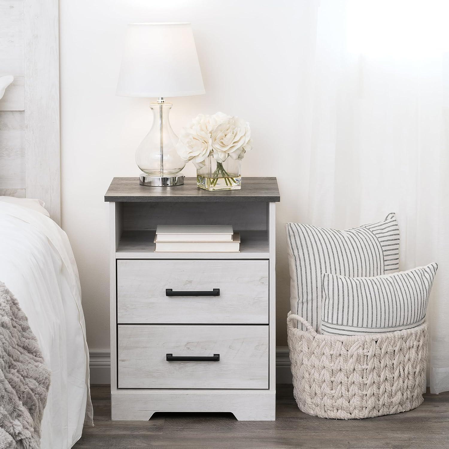 Prepac Rustic Ridge Farmhouse Nightstand with 2 Drawers and Open Cubby Washed White