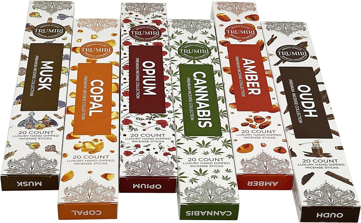 Trumiri Exotic Incense Sticks Variety Pack & Incense Burner - Gift Set - Inciensos Aromaticos - 120 Scented Sticks (6 fragrances x 20 pieces each) - Copal, Amber, Oud, Musk