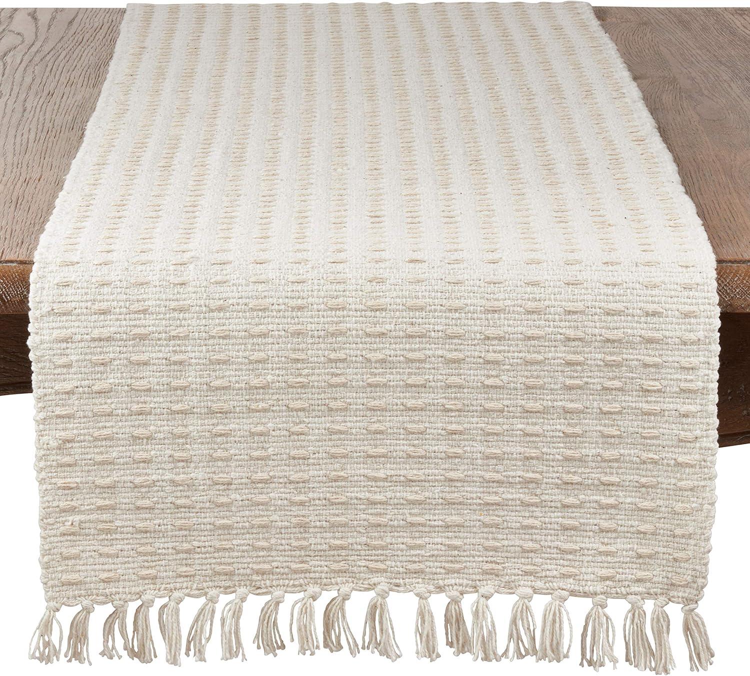 Natural Cotton Dashed Woven Table Runner with Tassels