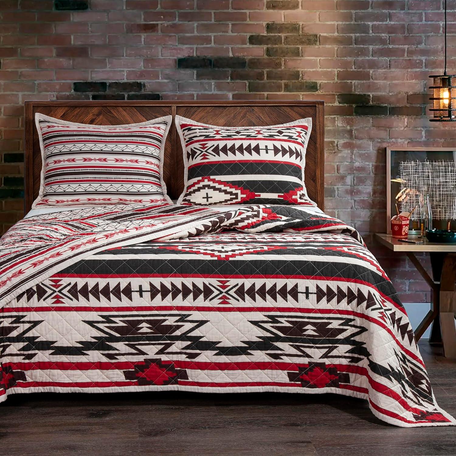 Cortez White Red Gray Brown Cotton Geometric Aztec Pattern Reversible Western Lodge Quilt Set