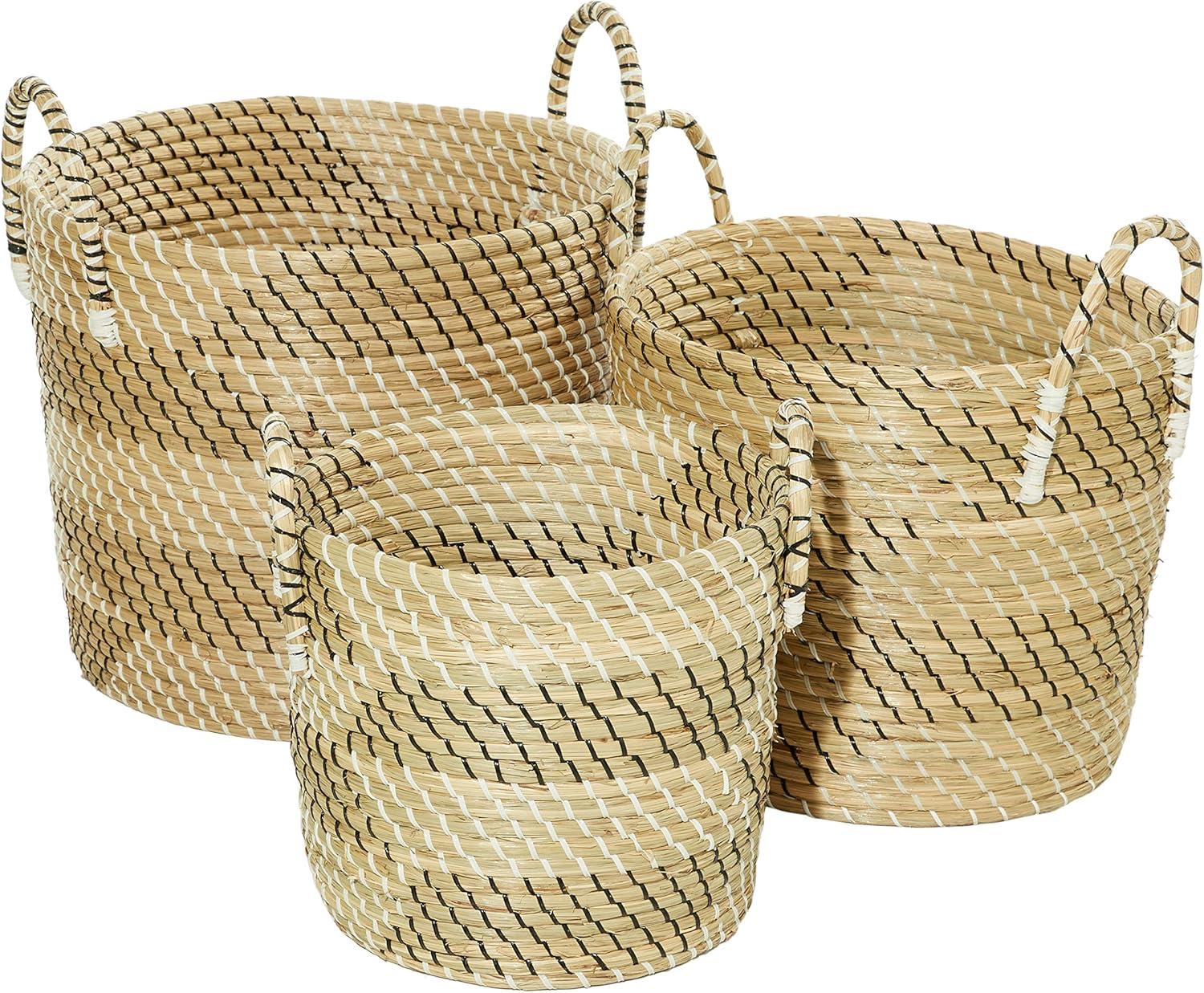 DecMode 14", 17", 19"H Beige Seagrass Handmade Two Toned Storage Basket with Handles, 3-Pieces