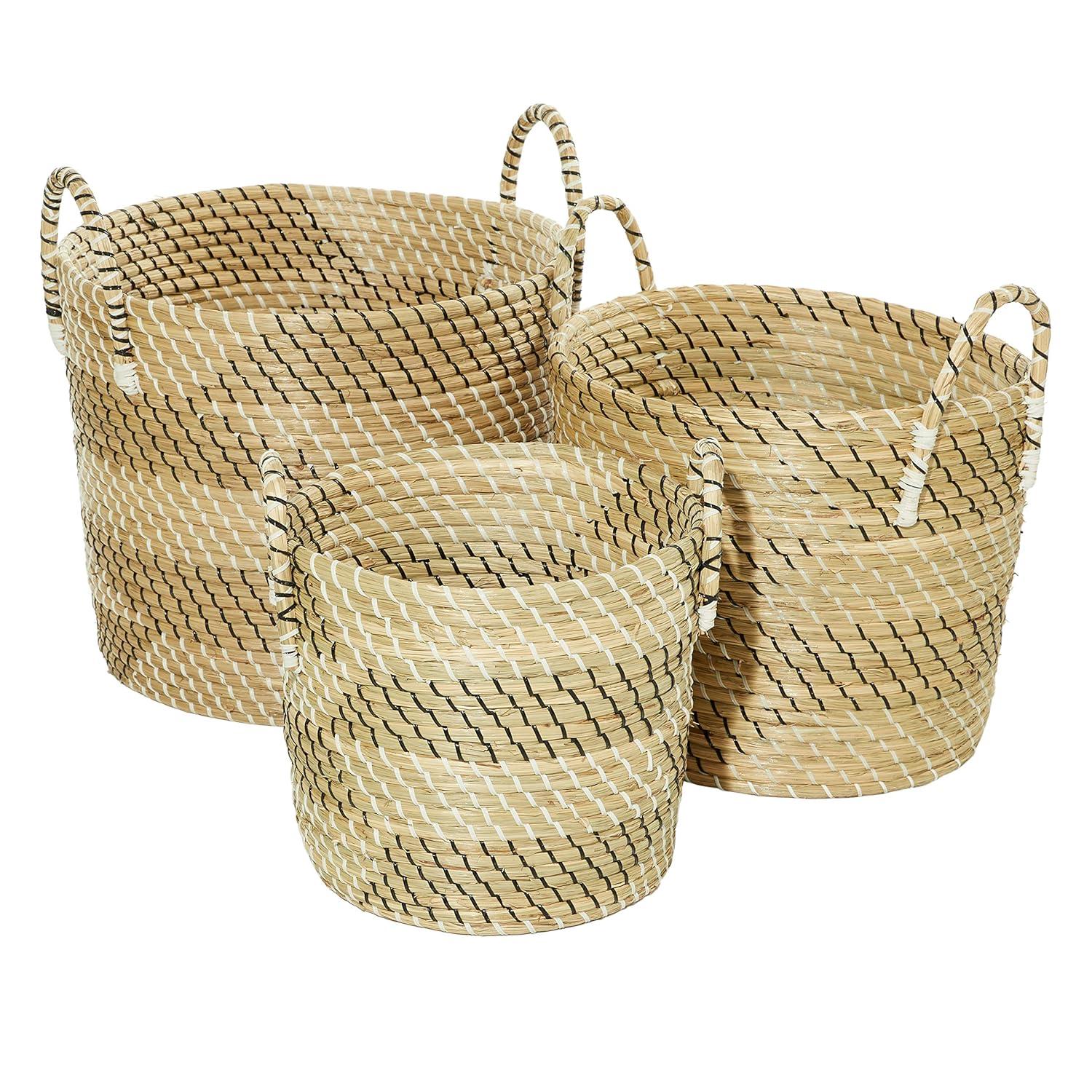 CosmoLiving by Cosmopolitan 13", 16", 18"W Brown Seagrass Handmade Two Toned Storage Basket with Handles, 3-Pieces