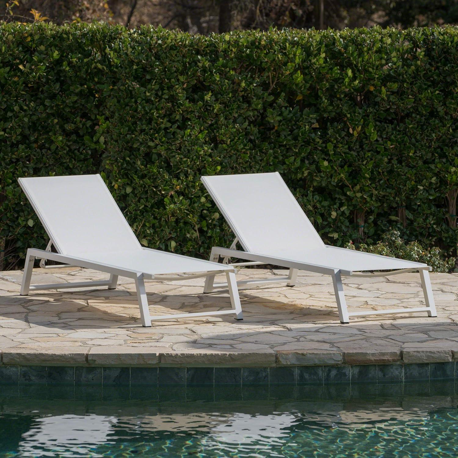 White Mesh and Aluminum Outdoor Chaise Lounge Set of 2