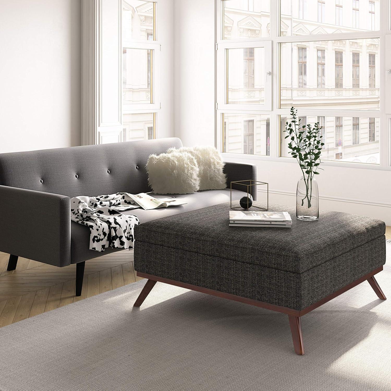 Simpli Home Owen 36"W Upholstered Square Coffee Table Storage Ottoman with Lift Top and Solid Wood Legs