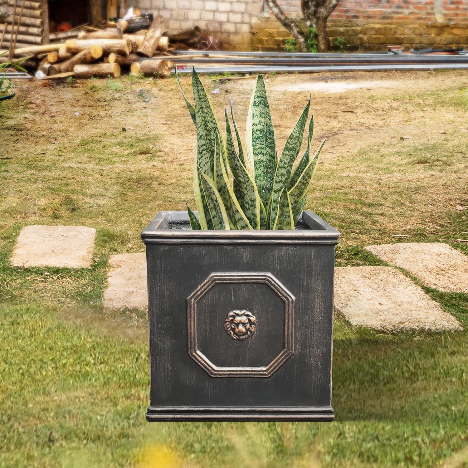 Rosemead Home & Garden, Inc. 13" Wide Kante Lightweight Classic Square English Style Lion Head Concrete Outdoor Planter Pot Oil Rubbed Bronze