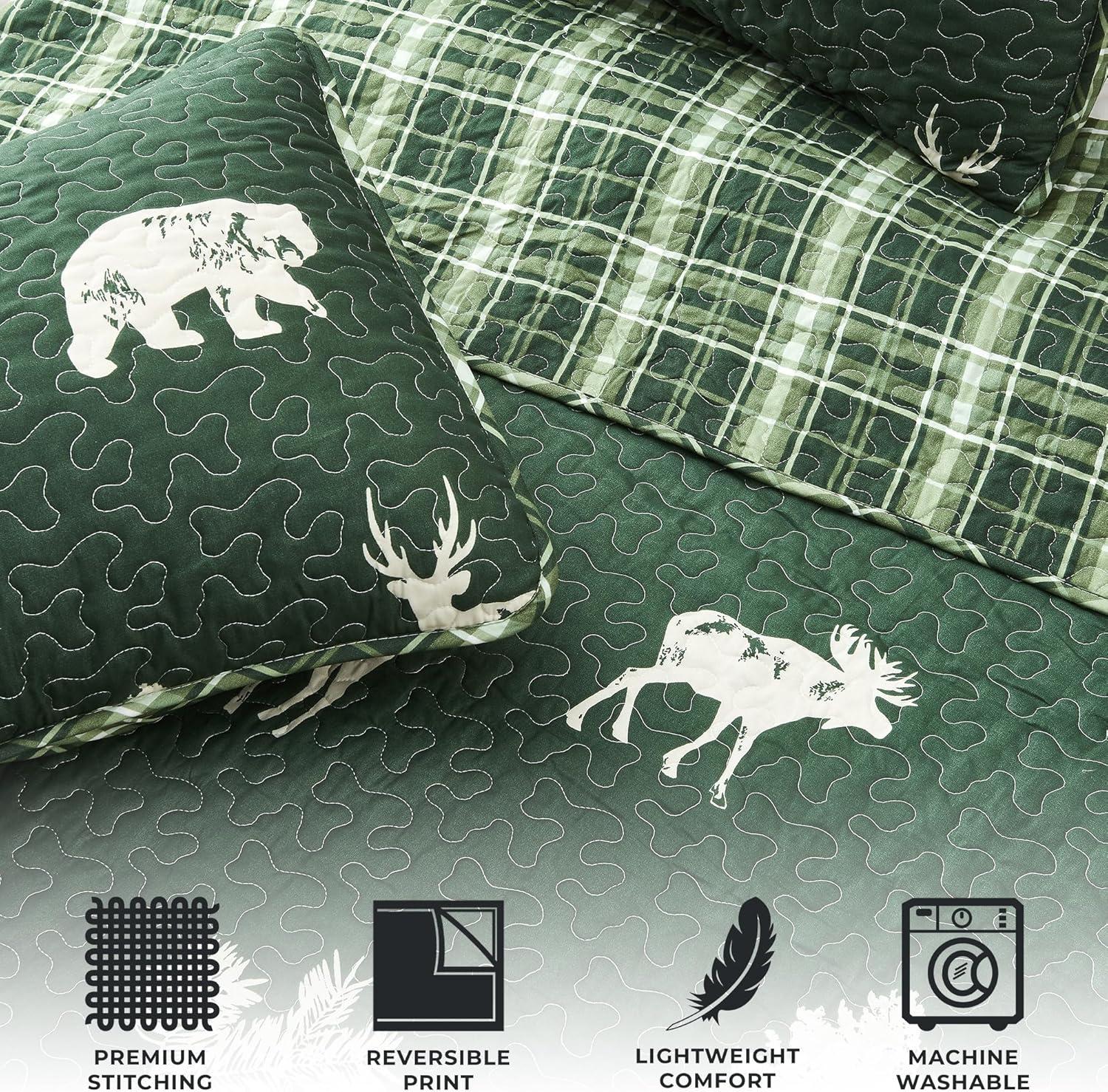 FreshFolds Forest Green Nature Quilt Set Reversible Plaid Quilt Set with Shams