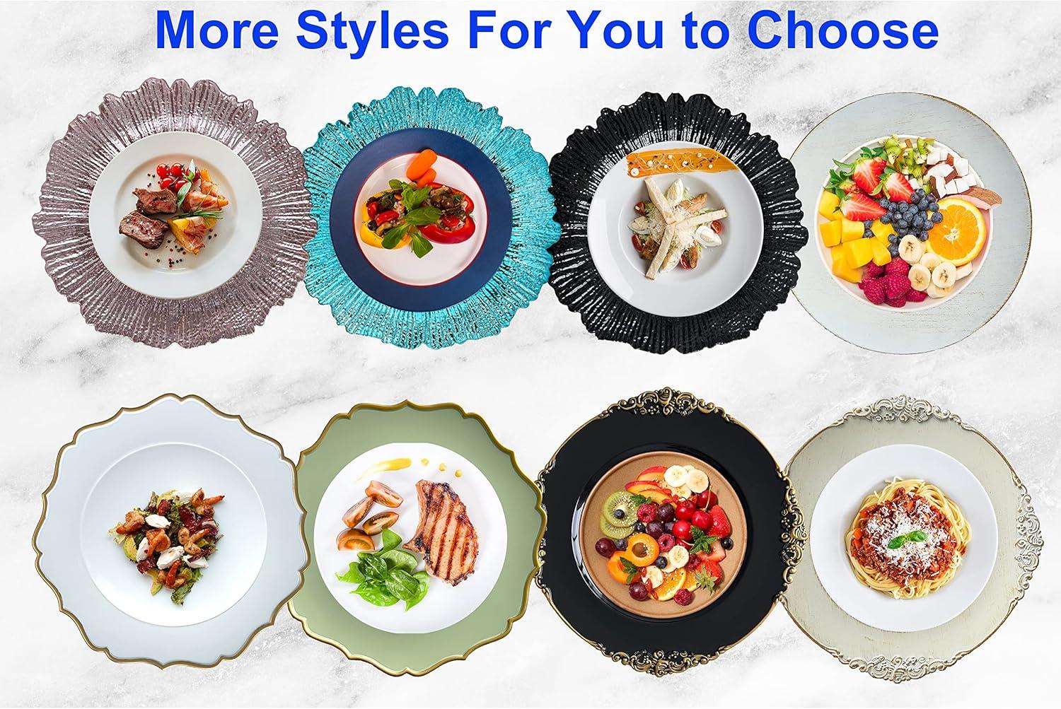 13 Inch Light Blue Charger Plates, Round Plastic Reef Plate Chargers for Dinner Plates, Wedding, Party Elegant Decoration Place Mats (24, Light Blue)