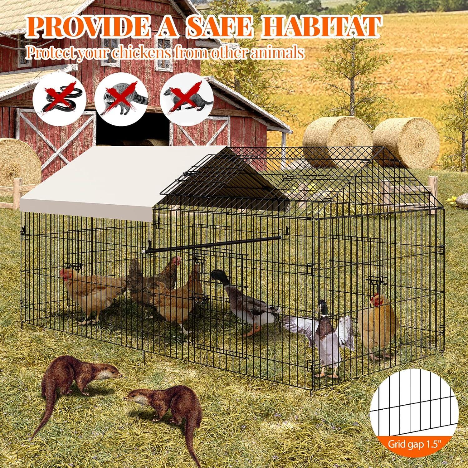 Metal Chicken Coop, 86 x 40 x 40 Inch Chicken Run for Yard with Waterproof Cover, Outdoor Portable Chicken Pen with 4 Doors, 1 Window, Chicken House for Small Animals Duck, Rabbit, Hen