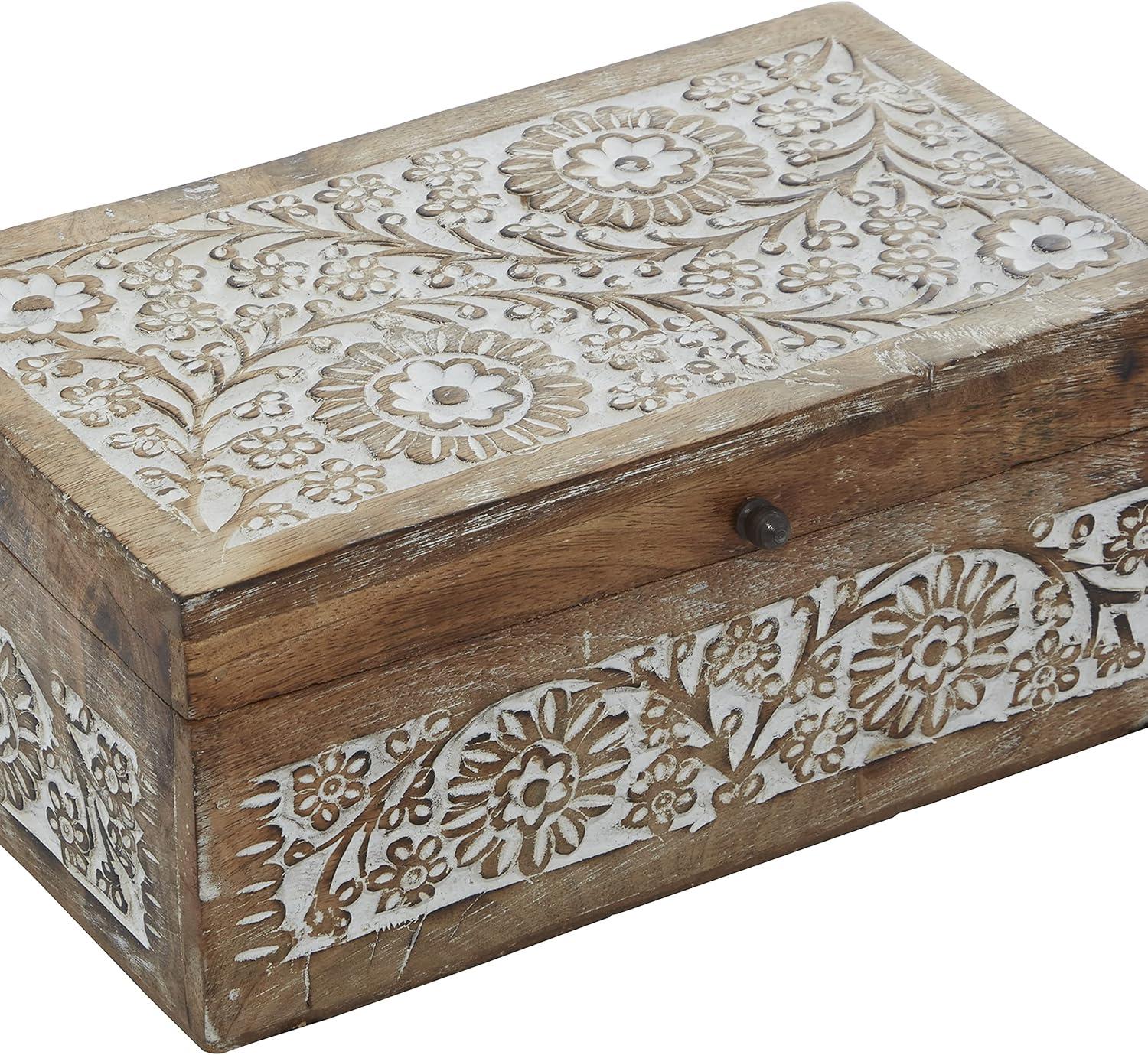 Set of 3 Mango Wood Carved Floral Boxes - Olivia & May: Coastal Style with Lids, Indoor Use, Non-Slip Base