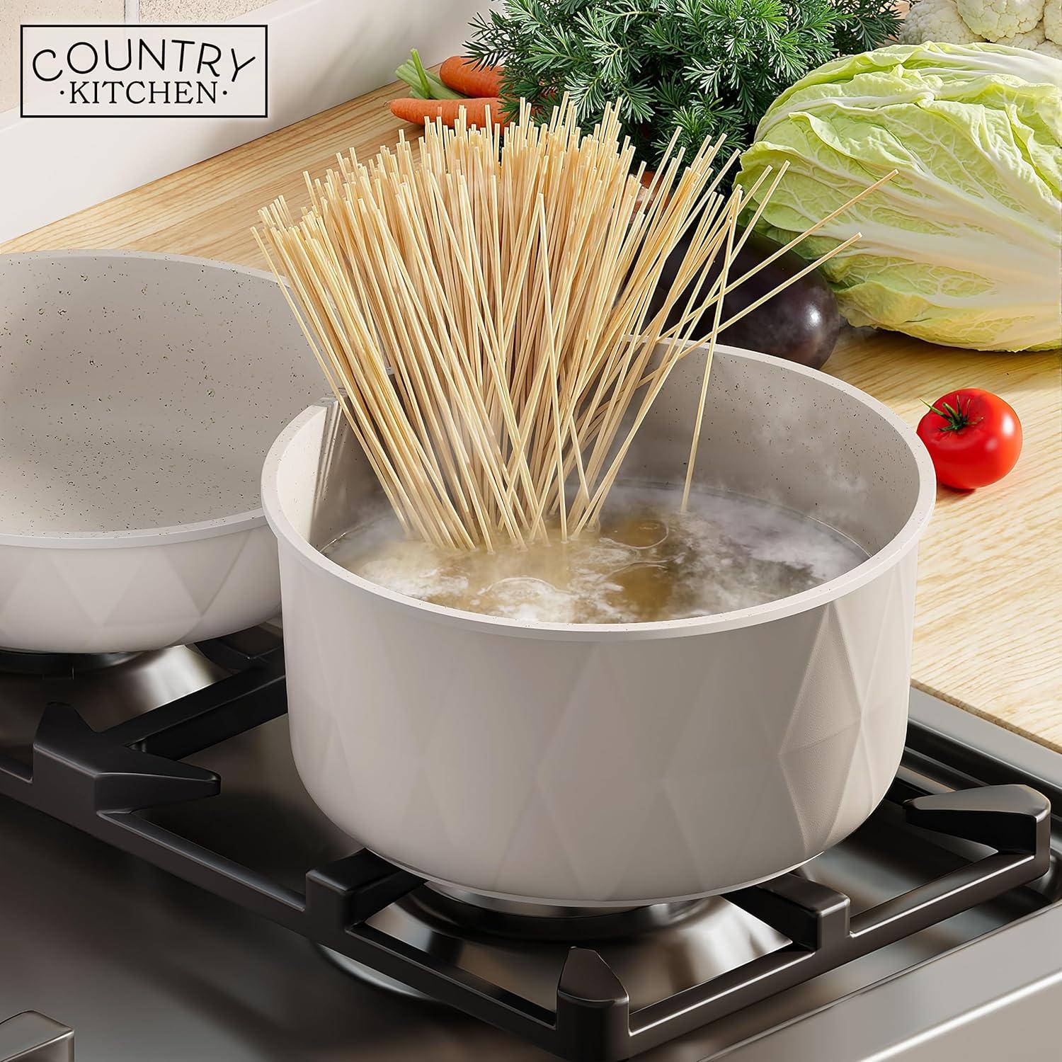 Country Kitchen 13-Pc Pots and Pans Set with Removable Handles Nonstick Cookware Set, Cream