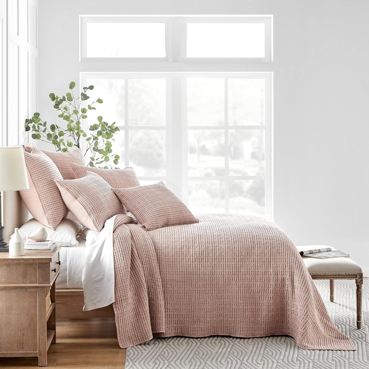 Luxurious Blush Cotton Waffle King Bedspread and Sham Set