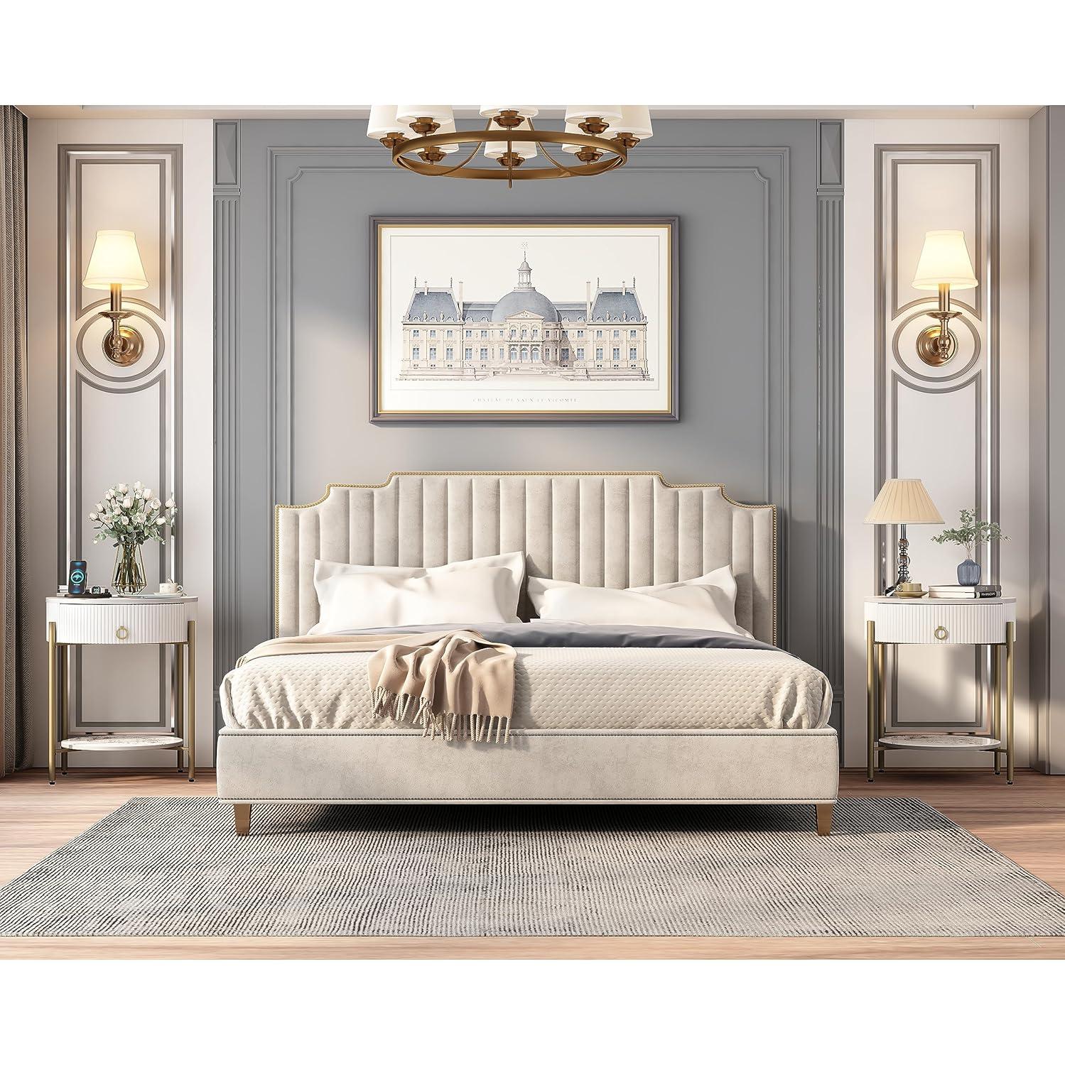 ASYA Gold End Table with Drawer, 2-Tier Nightstand Side Table with Natural Stone Top, Round Bedside Table Accent Table for Living Room Bedroom