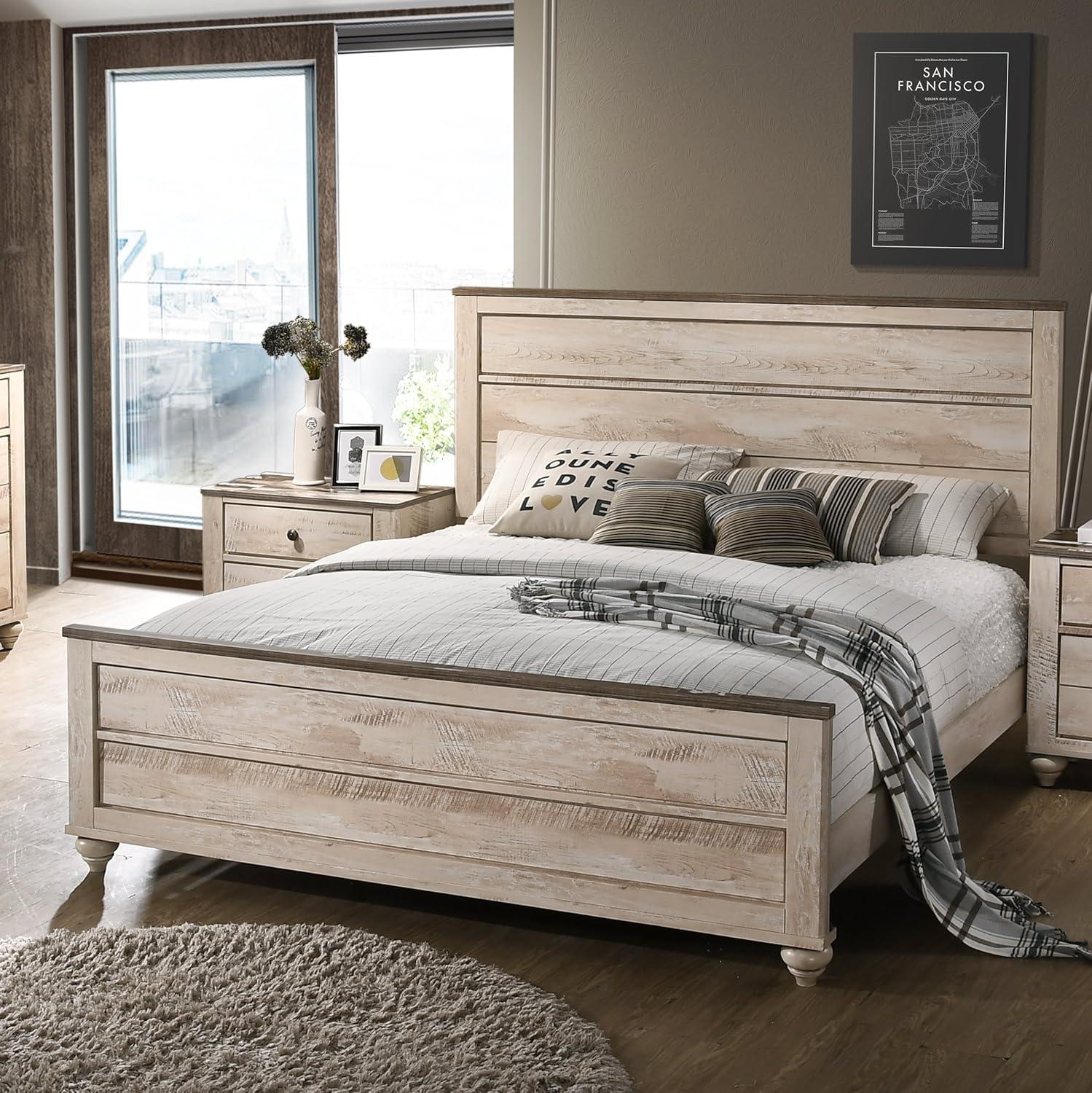 Roundhill Imerland Contemporary White Wash Finish 4-Piece King Size Bedroom Set