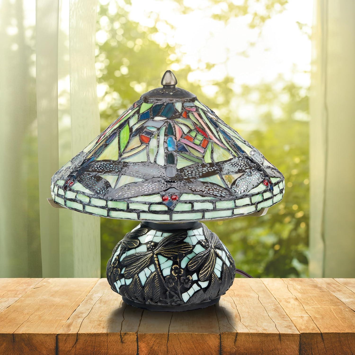10" H Stained Glass Mini Dragonfly Table Lamp w/ Mosaic Base