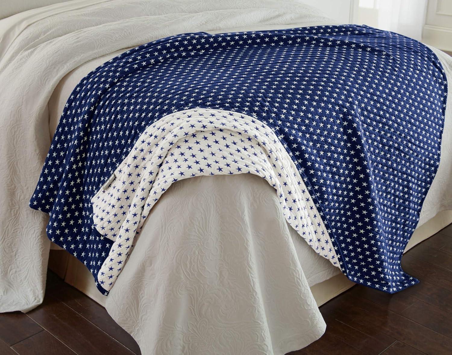 Sterling Creek Dawson Navy White Star Muslin Blanket Queen Three Layers Lightweight Breathable Cotton Gauzy Blanket Queen