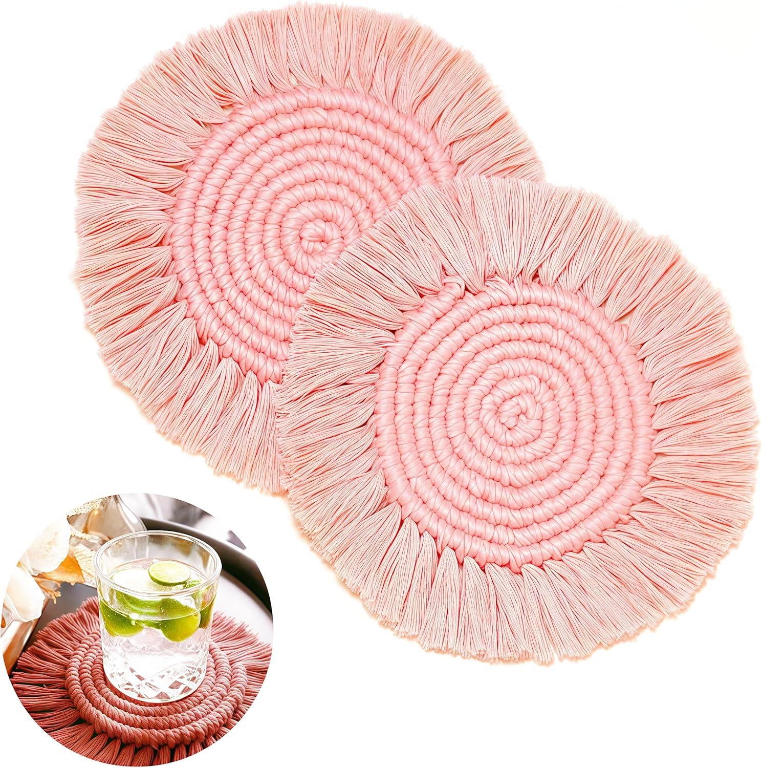 2 Posavasos Bohemios de Macramé para Bebidas, Posavasos Absorbentes con Borla, Posavasos Redondos de Algodón Hechos a Mano de 7 Pulgadas para Mesa de Escritorio, Cocina, Oficina, Hogar, Bar, Protección de Mesa, Regalo de Inauguración de la Casa, Rosa