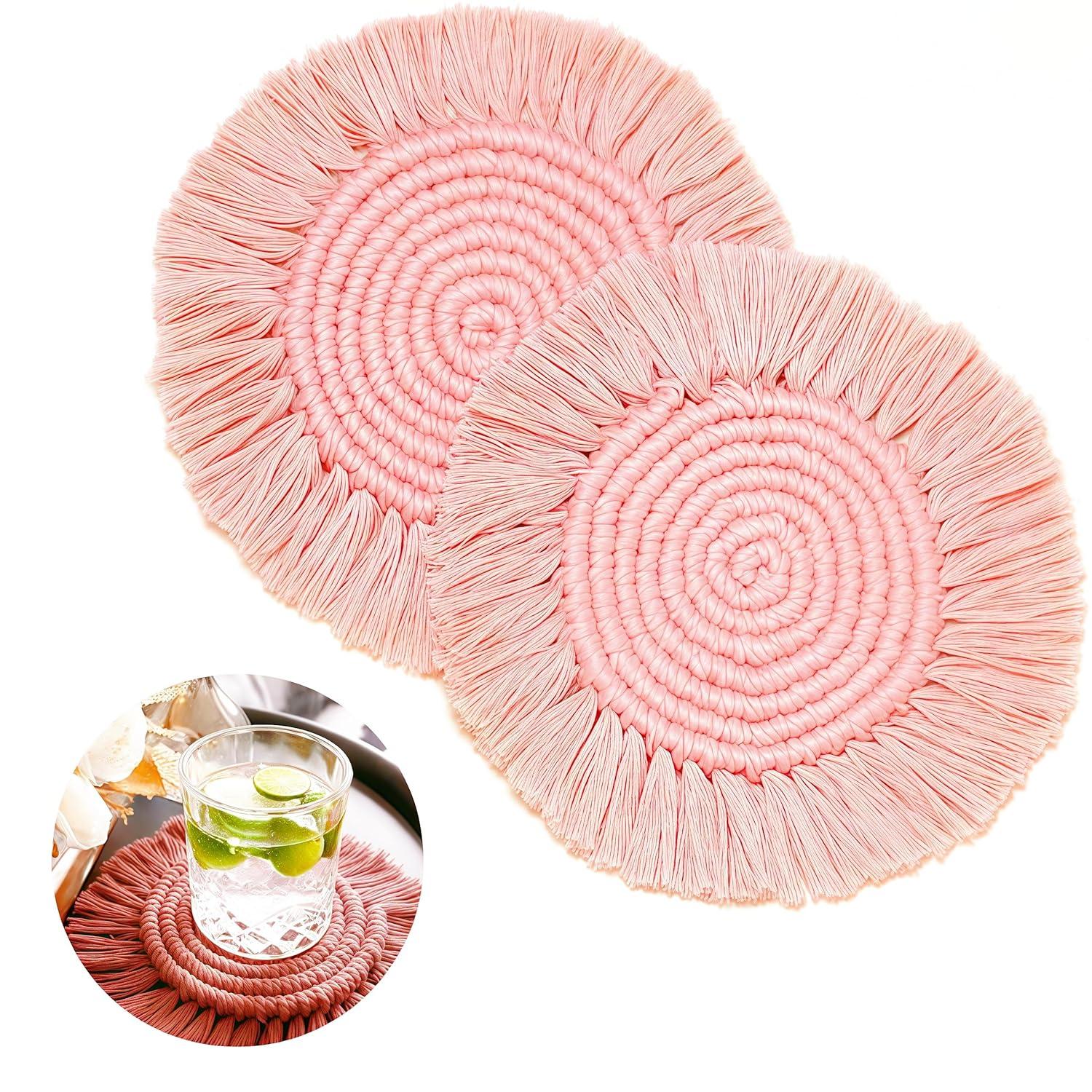 2 Posavasos Bohemios de Macramé para Bebidas, Posavasos Absorbentes con Borla, Posavasos Redondos de Algodón Hechos a Mano de 7 Pulgadas para Mesa de Escritorio, Cocina, Oficina, Hogar, Bar, Protección de Mesa, Regalo de Inauguración de la Casa, Rosa
