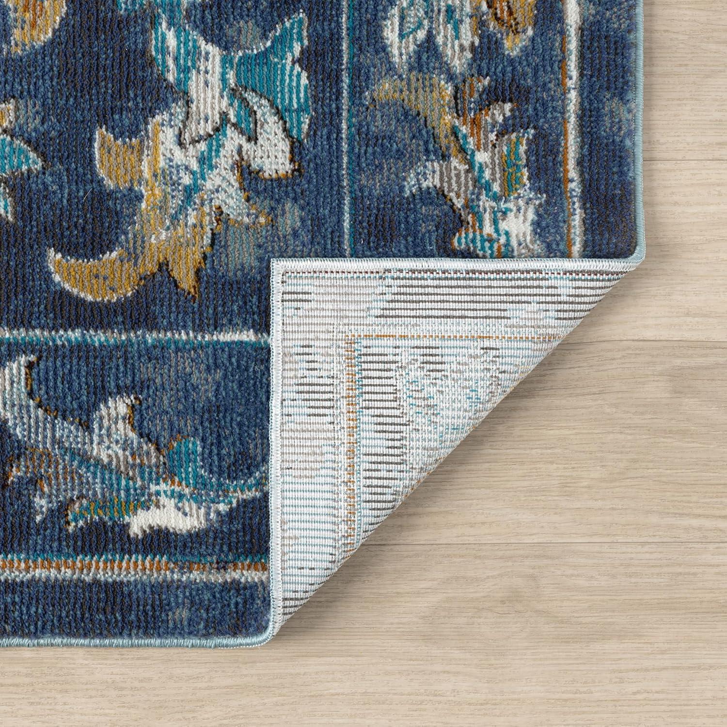 LR Home Ada 5' x 8' Indigo Bordered Floral Adult Durable Indoor Area Rug