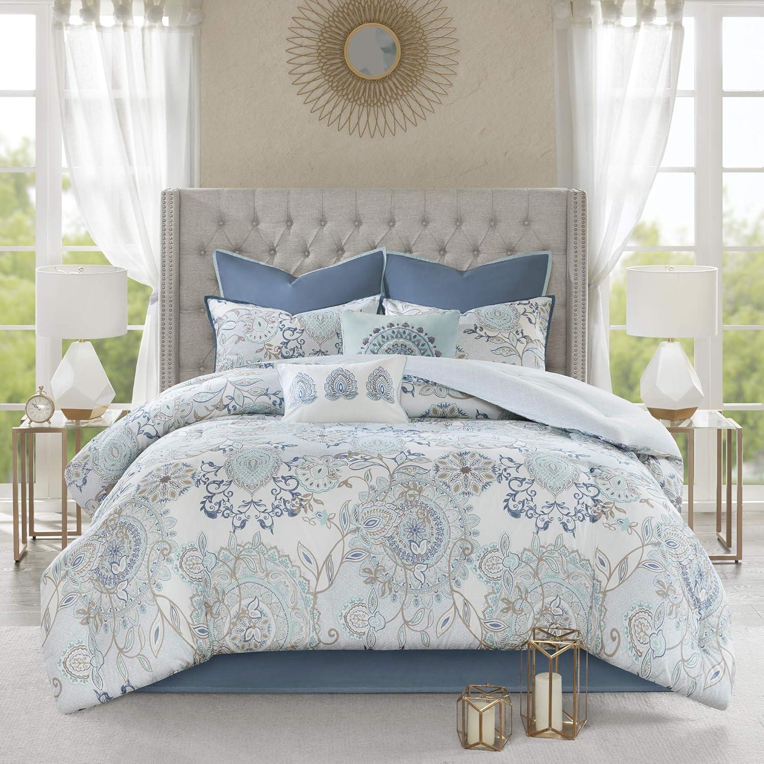 Madison Park 8pc King Lian Cotton Printed Reversible Comforter Set Blue: Percale Weave, OEKO-TEX Certified